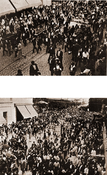 Obreros y mujeres del comité feminista acompañando el cortejo fúnebre,enero de 1919. (Archivo General de la Nación.)